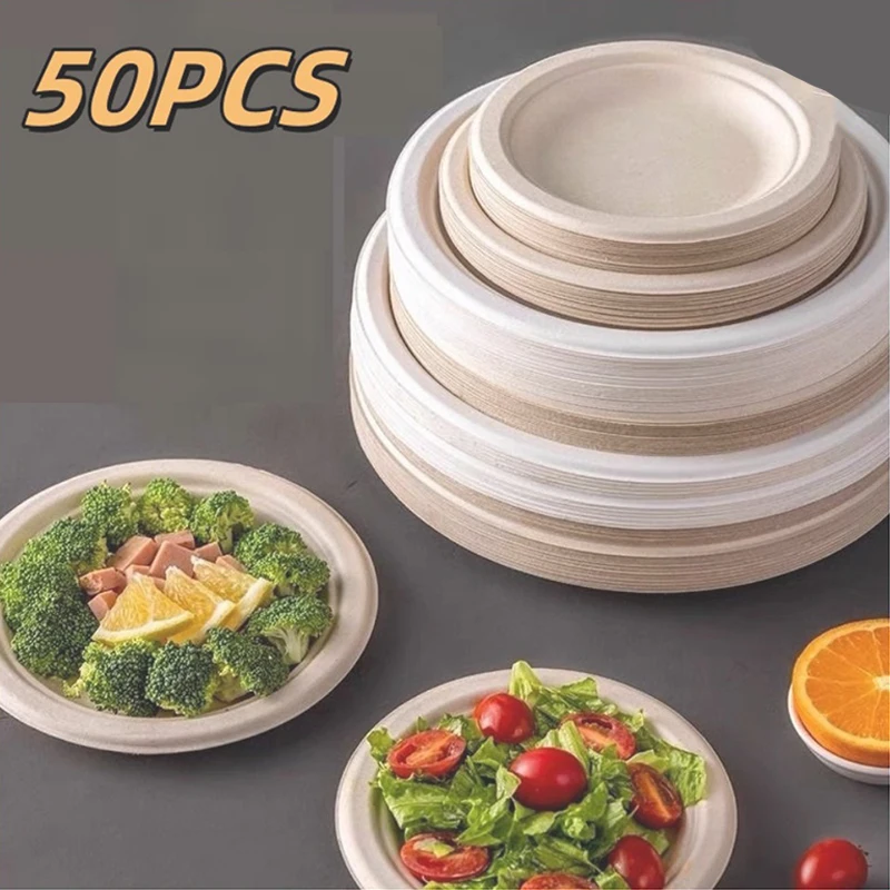 

50pcs Disposable Thickened Round Paper Plate Biodegradable Household Dinner Plates Waterproof Oil Proof Eco Friendly Paper Tray