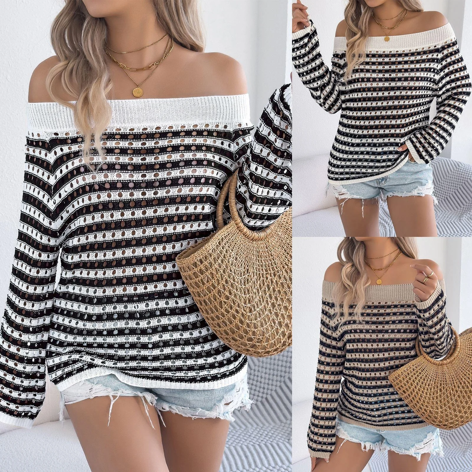 

Свободный вязаный повседневный летний топ с вырезами Vaion oulder Bared Top, женский трансграничный осенний длинный трикотаж Faion