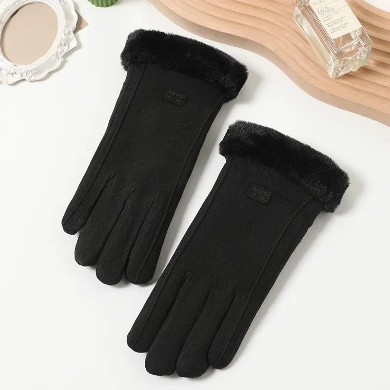 Gants chauds pour femmes, à la mode et mignons, doublés de polaire brodés, épais, résistants au froid, pour écran tactile de cyclisme