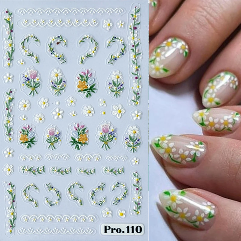 Lovely Bees Daisy Flower Nail Stickers 3D Korean Leaf Floral Daisy Spring Self Adhesive Manicure Butterfly Nail Tips Decor Nails