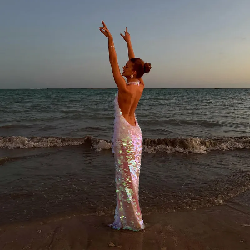 Chic Shinning Sequins Maxi Dress For Women Backless Sleeveless Halter Robes 2025 New Lady Spring Summer Vacation Beach Dresses image 6