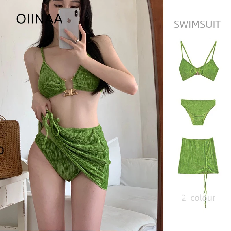 

OIINAA Green Bathing Suit Women Metal Decor Bikini Set Drawstring Sexy Cover-Ups Wrap Skirts Summer 2025 Korean Split Swimsuit
