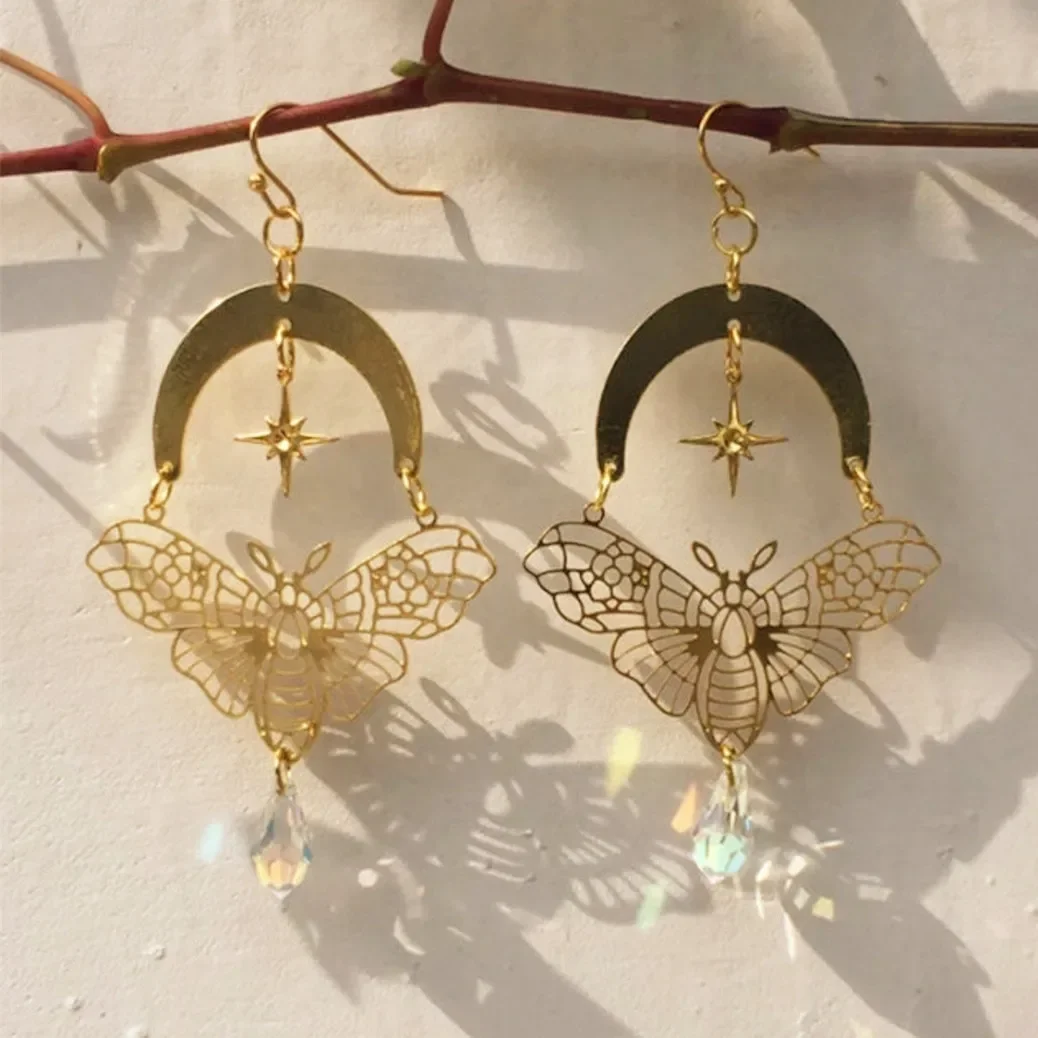 Bohemian Gold Star Moon and Hollow Butterfly Pendant Earrings