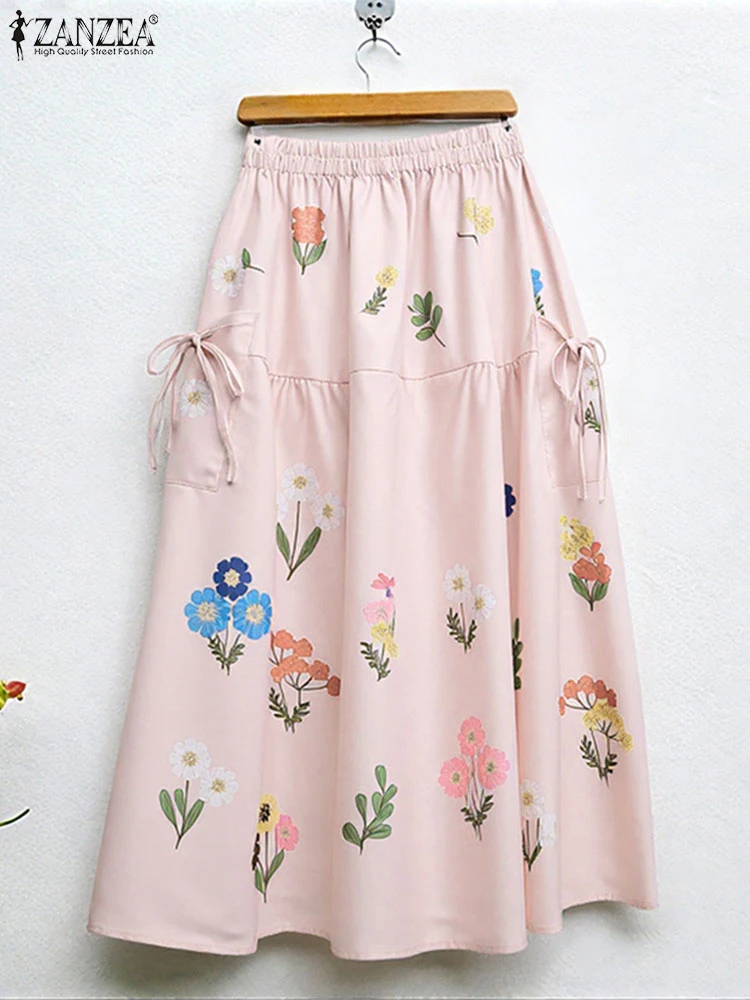 ZANZEA Mode Maxi Rokken 2025, Vrouwen Herfst Lange Bodems Bloemenprint Vakantie Elastische Taille Casual Oversized Jupes Faldas Saia