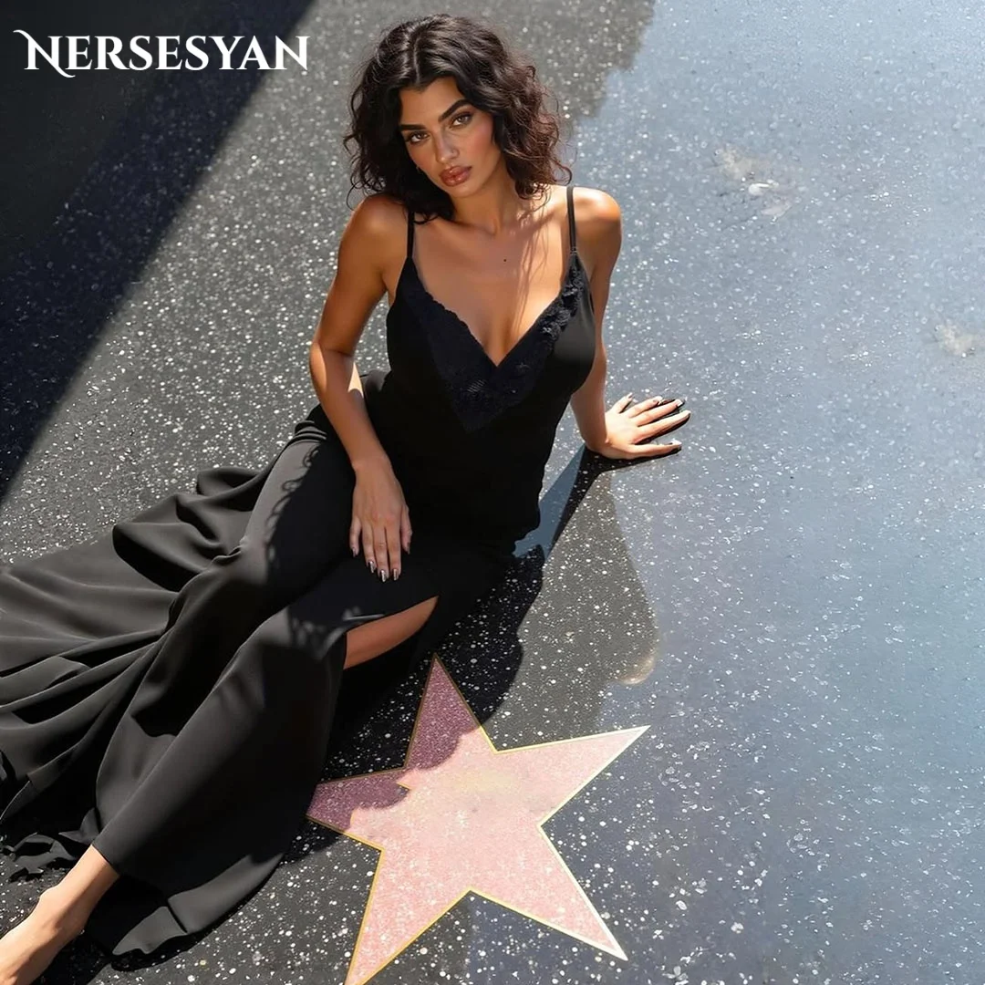

Nersesyan Черные роскошные вечерние платья с V-образным вырезом на тонких бретельках и боковым разрезом Вечернее платье Женские вечерние платья שמלות ערב по индивидуальному заказу