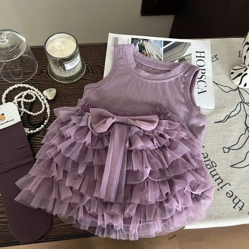 

Girls Purple Sleeveless Vest And TUTU Cake Dress Two-Piece Set Summer Outfit for Kids