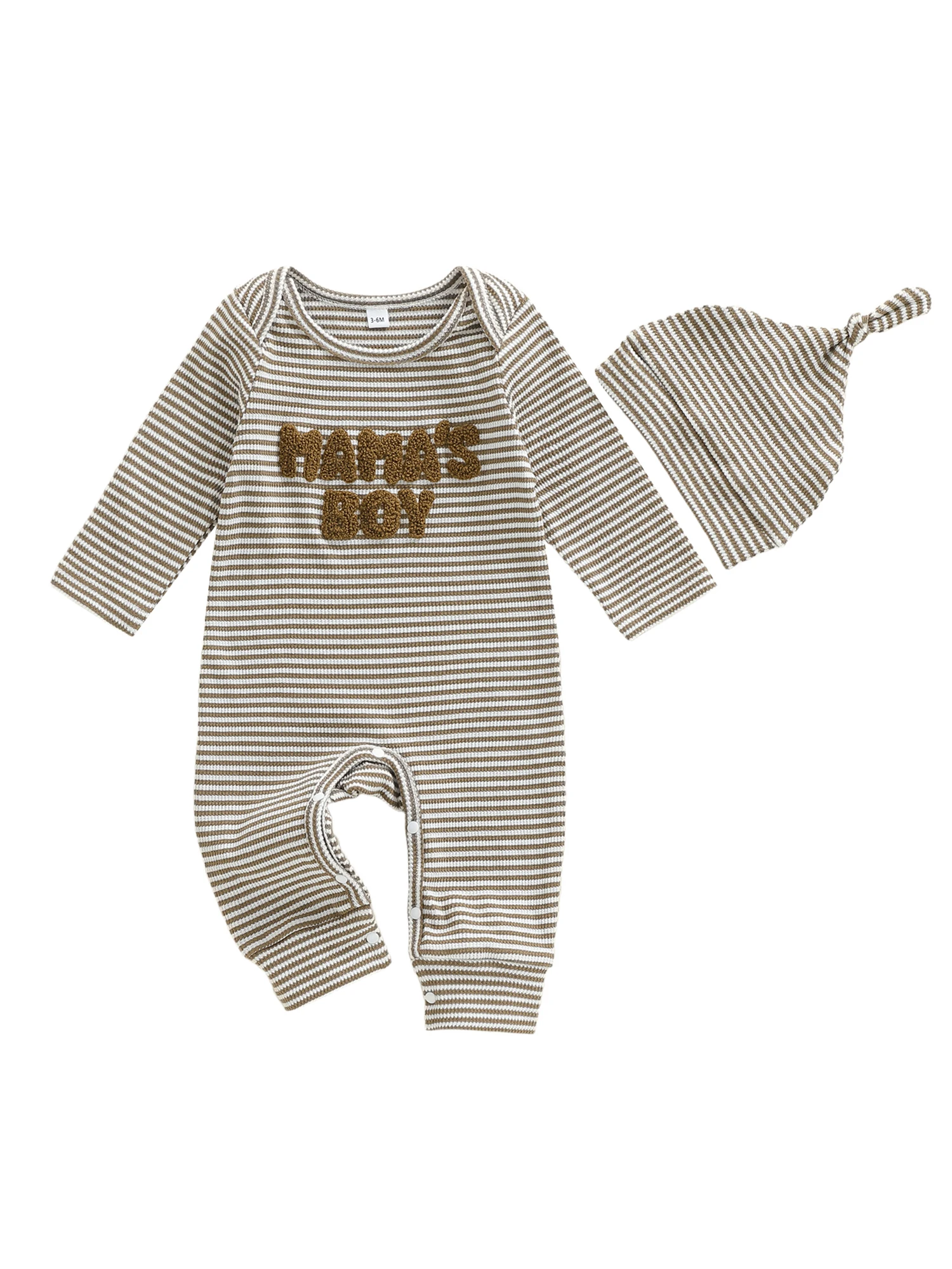 Bayi Laki-laki Musim Gugur Bergaris dengan Inisial Bordir Lengan Panjang Leher Bulat dan Topi yang Serasi untuk Tampilan yang Nyaman