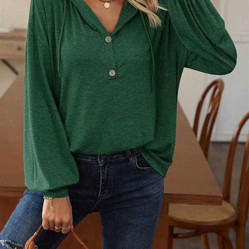 Herbst Winter Damen Casual Hoodie Long Sve T-Shirt Loose Fit Straight Saum Basic Color Top für Damen