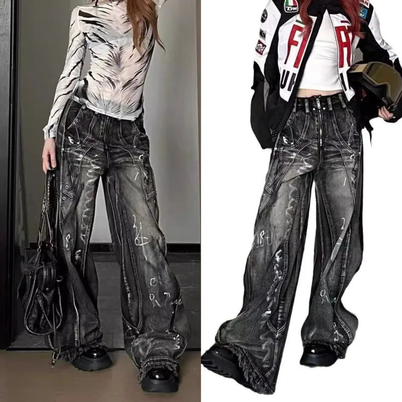 

Y2k Retro High-Waisted Vintage Wide-Leg Jeans High-Street Heavy-Work Stripe Tie-Dye Jeans Stylish New Unisex Floor-Length Pants