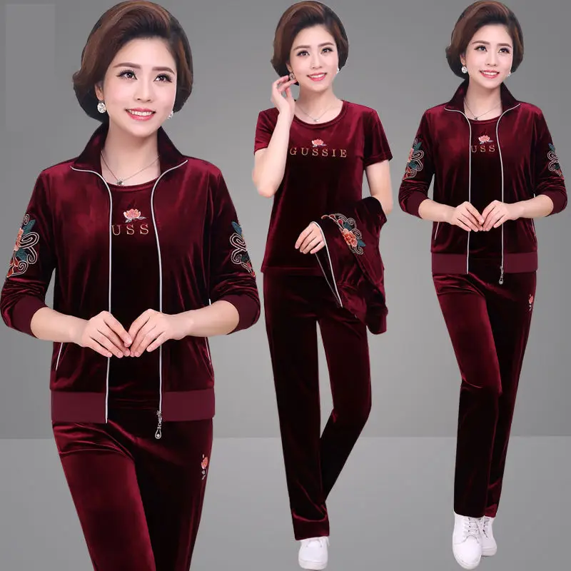 Middle-aged Women Casual Gold Velvet Three-piece Sets Suit Large Size Loose Sportswear Long Coat Tops Mother Clothing Tracksuit