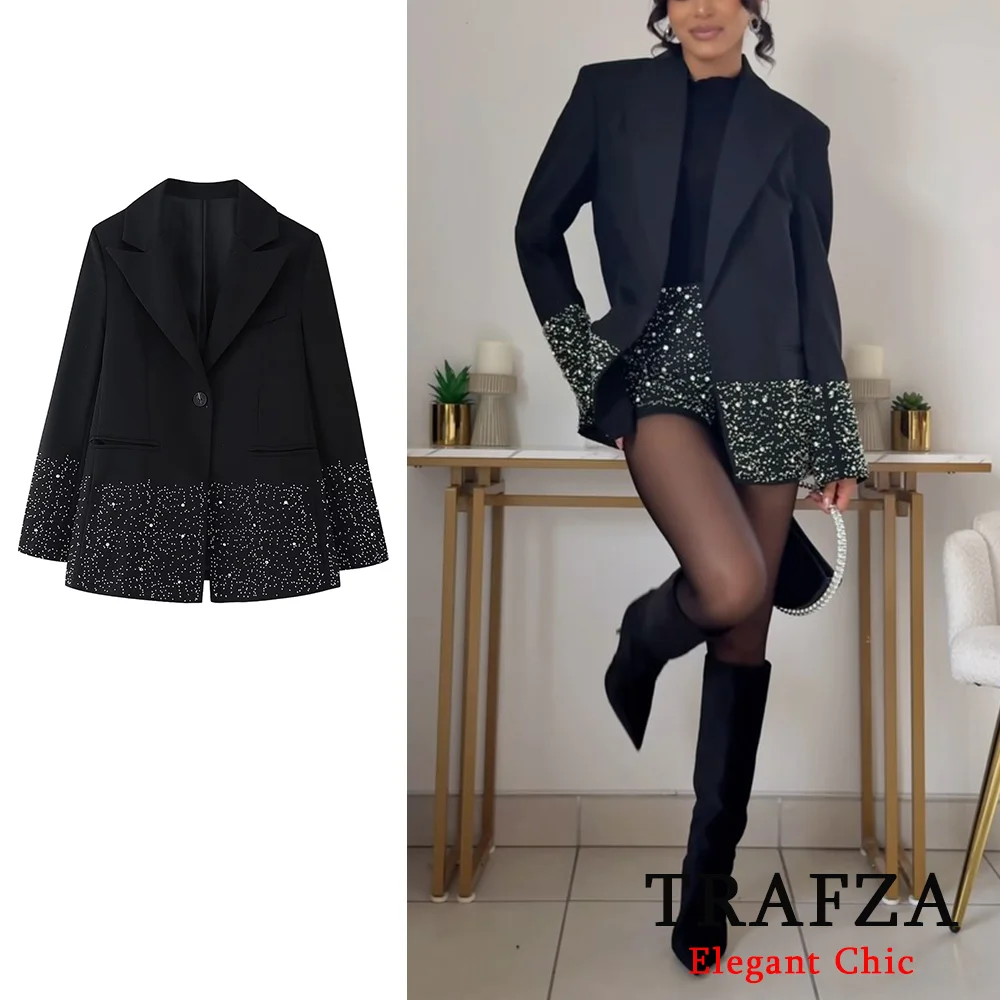 TRAFZA Women Romantic Blazers Lapel Rhinestone Embroidered Blazer New 2025 Fashion Spring Summer Elegant Luxury Dinner Blazers