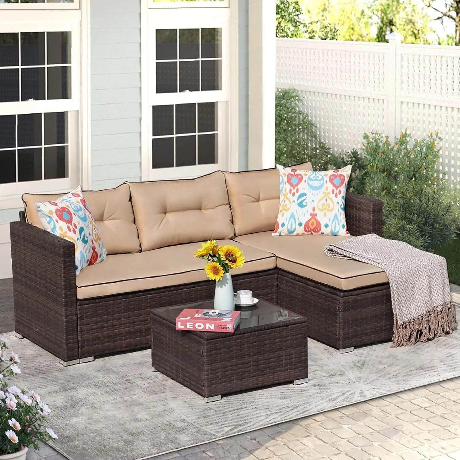 

All-Weather Rattan L-Shaped Patio Conversation Set with Glass Table & Cushions for Outdoor Garden, Brown, Customized