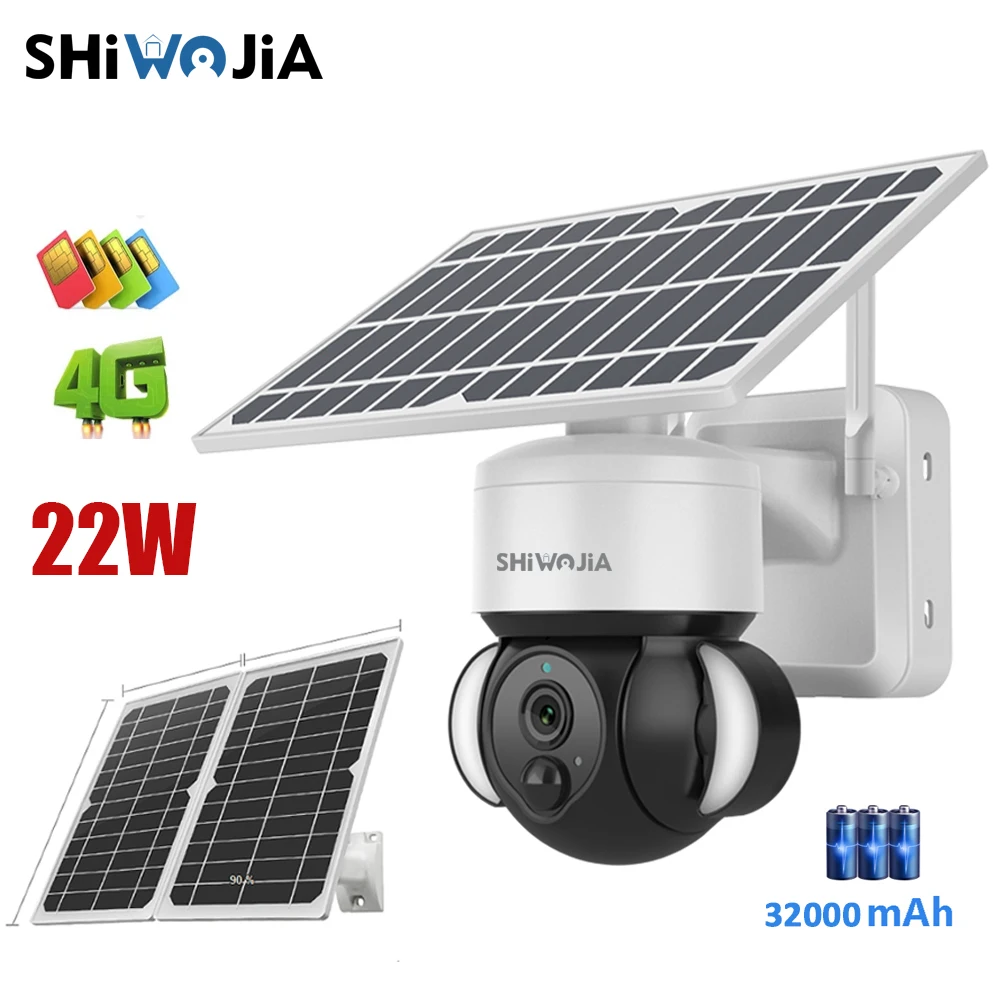 

SHIWOJIA 4G SIM Card Solar Camera 4X Zoom 22W Solar Pane Outdoor Security Surveillance 32000mA Batterys Garden Lights CCTV