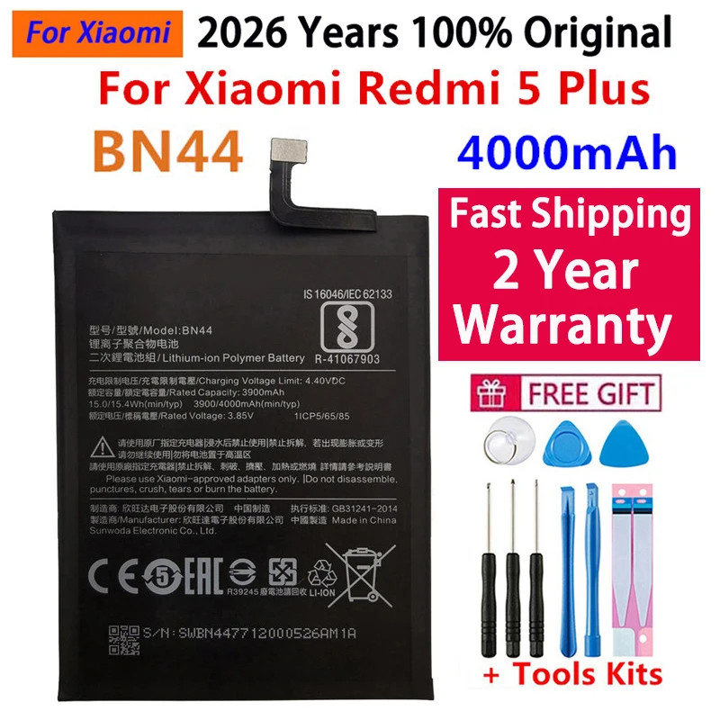 

2026 Years 100% Original For Xiao mi Original Battery BN44 For Xiaomi Redmi 5 Plus 5Plus 4000mAh Mobile Phone Battery Bateria