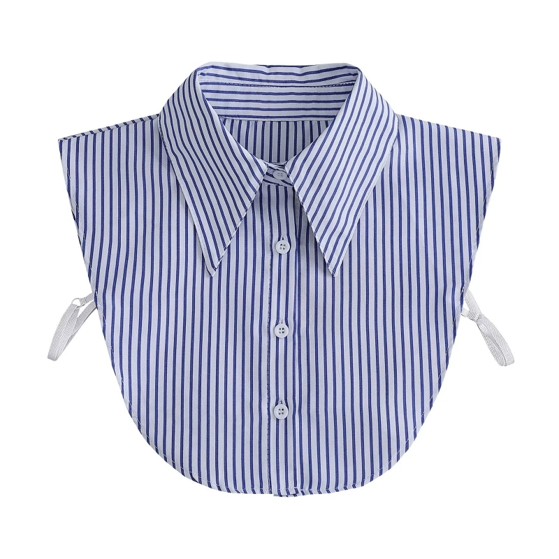 

Women Blue Striped Lapel False Collar Detachable Dickey Half Blouse Layering Top