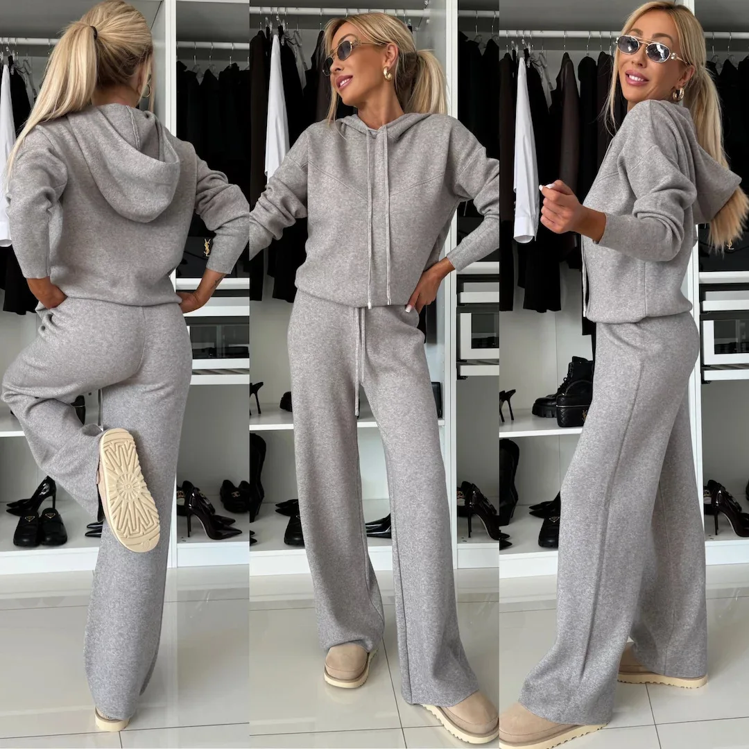 Autumn and winter new casual suit women's solid color hooded long sleeved wide leg pants two-piece set