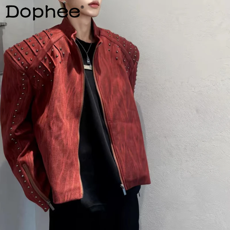 

Мужские осенние куртки из искусственной кожи с подкладкой на плечах 2025, модные куртки в стиле ретро с металлическими заклепками, однотонные мотоциклетные пальто
