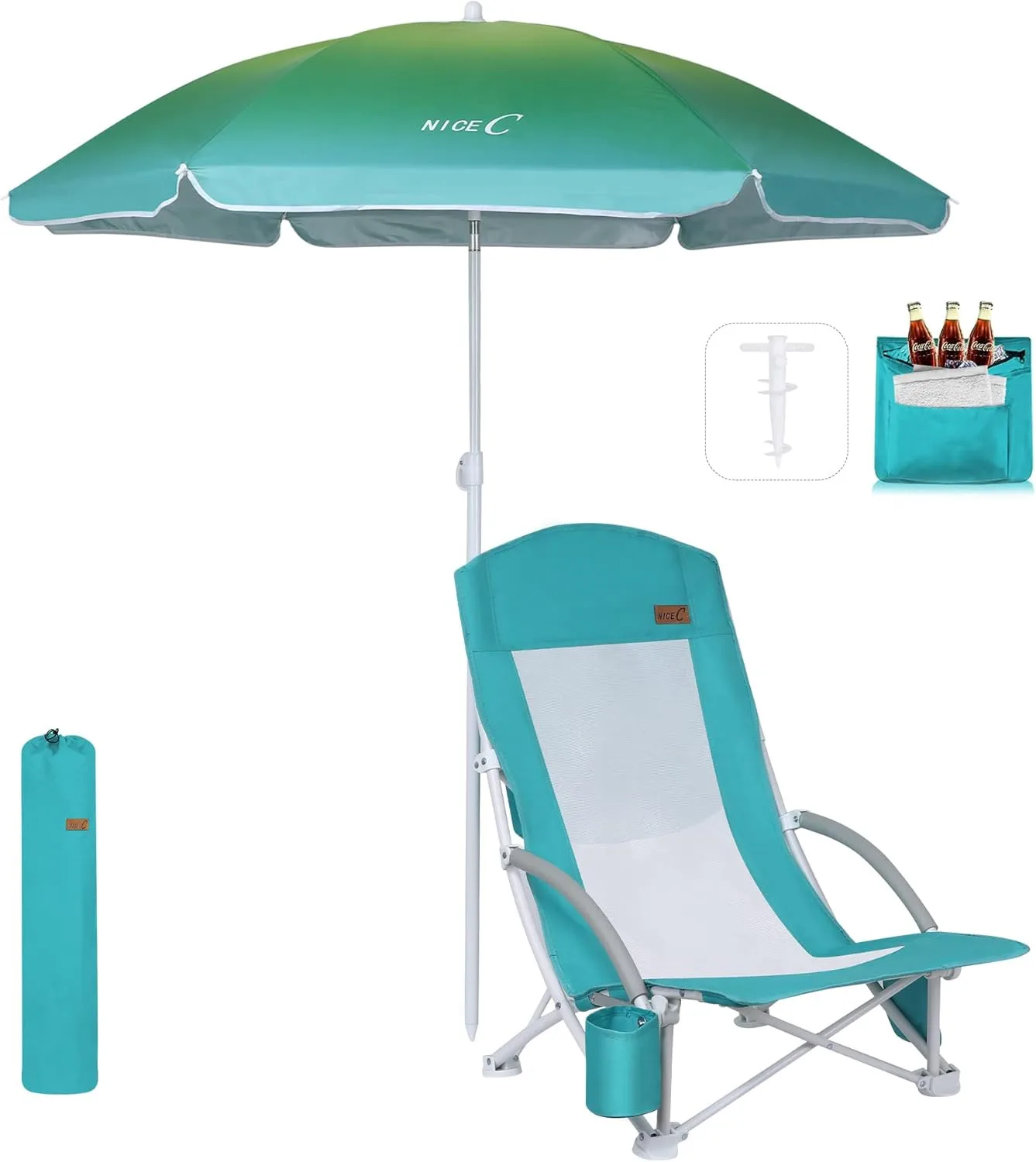 

High Back Beach Chair with Umbrella, Cooler & Cup Holder - Compact Blue Design