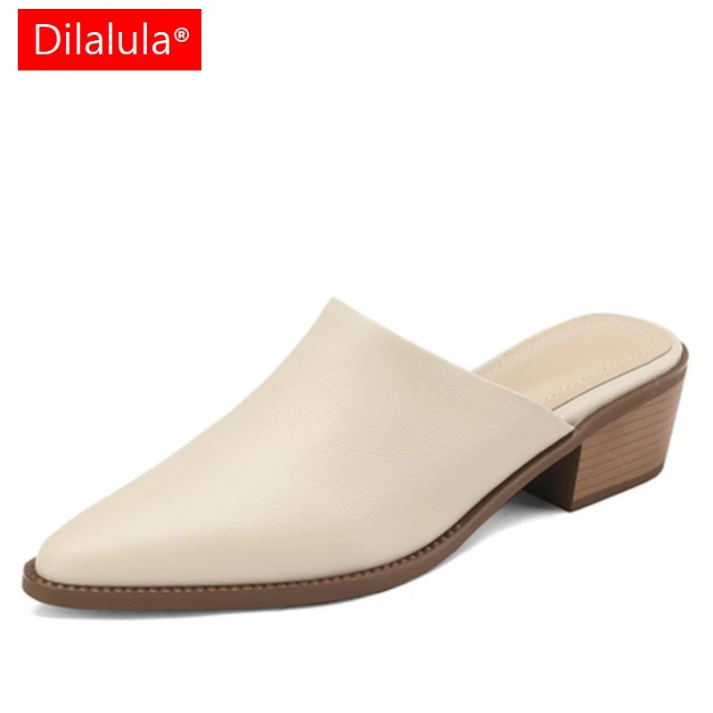 Dilalula 2024 Covered Toe Genuine Leather Slippers Women Thick Heels Casual Mules Summer Daily Walk Sheepskin Leather Slippers