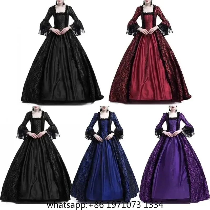 Women Vintage Medieval Gothic Square Neck Flare Sleeve Lace Patchwork Maxi Dress  bodycon dress  dresses