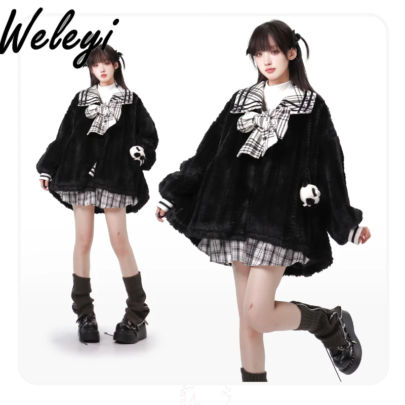 JK Cute Plaid Skirt Set 2024 Winter Warm New Sweet Japanese Women's Fur Panda Doll Collar Long Sleeve Coat and Mini Tweed Skirts