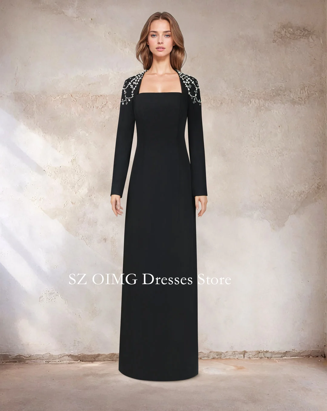 OIMG New Design Square Neck Prom Dresses Saudi Arabic Women Long Sleeves Black Satin Crystals Evening Gowns Formal Party Dress