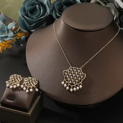 Romatic Women Fashion Necklace Earring Set Zircon Pearl Tassel Fan Shape Middle Eastern Style Party Wedding Bride Jewelry Set