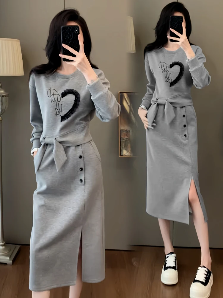 

Laid-ba Korean Sle Women's Faion Set High Waist Skirt Sweatirt Two-piece Autumn New Daily Casual Outfit