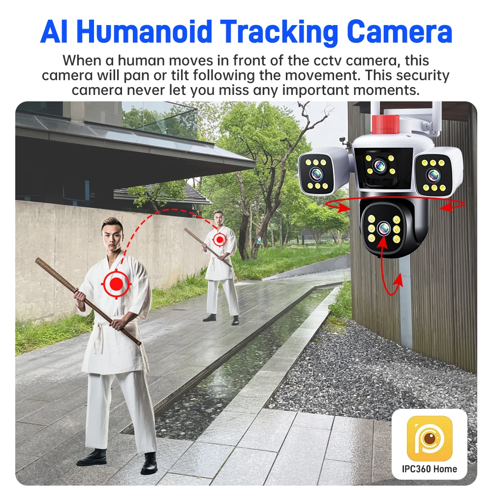 DIFANG-Caméra de surveillance extérieure sans fil WiFi, dispositif de sécurité rotatif à 3 objectifs, avec détection de mouvement et vision nocturne, conversation bidirectionnelle à 360 °