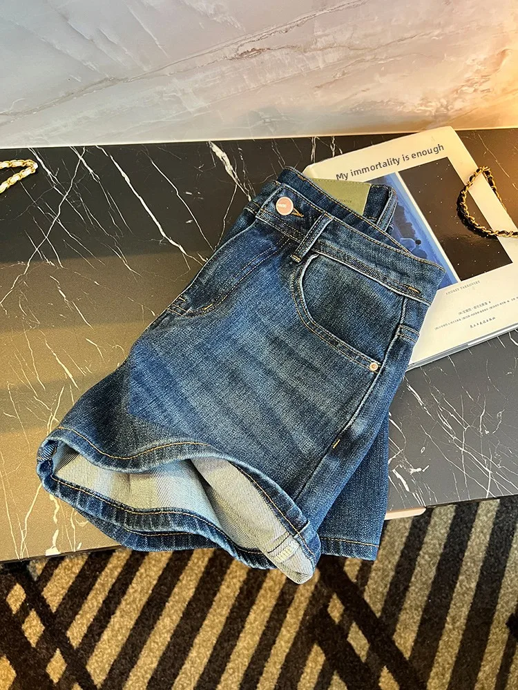 Hohe Taille, weites Bein, Denim, Damen, Sommer, Übergröße, schlankmachend, klein, A-Linie, elastisch, schlankmachend, Hotpants, Stickerei