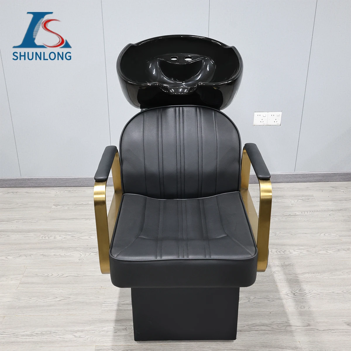 Black and Gold Shampoo Chair with Ceramic Basin, Salon Hair Washing Station for Barber Shop