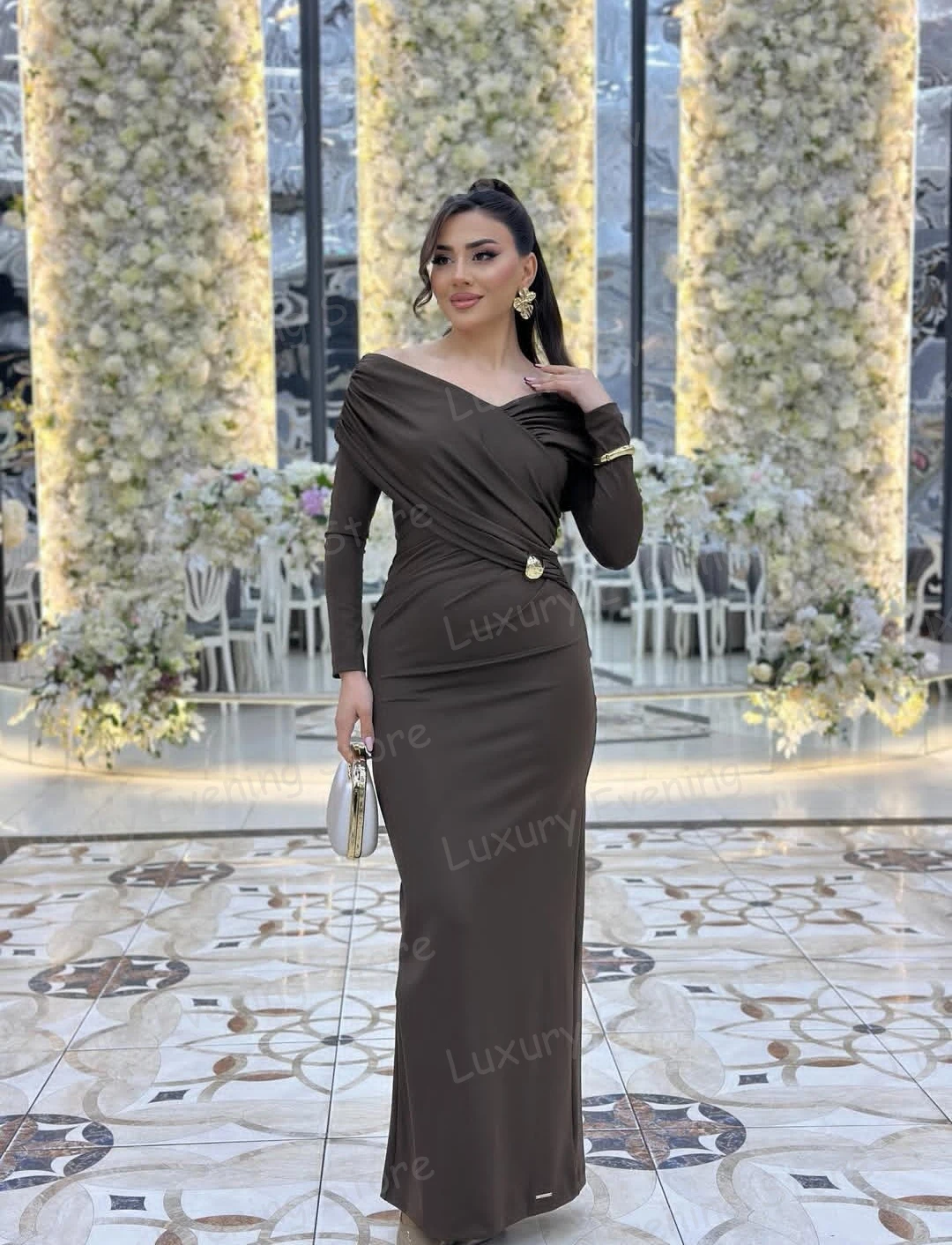 

Simple Ruffles Evening Dresses Woman's Mermaid Formal Long Sleeve Prom Gowns Vestidos Fashion Customized فساتين سهرة