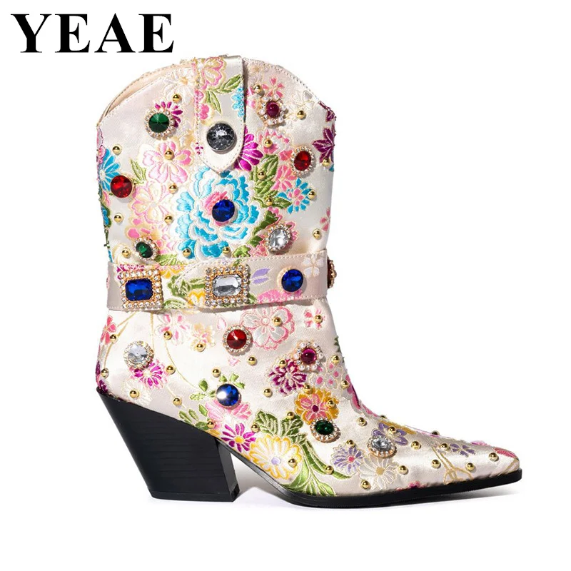 Luxury Designer Rhinestone Crystal Ankle Boots Women Western Embroider Pointed Toe Cowboy Boots Chunky Party Banquet Shoes Woman