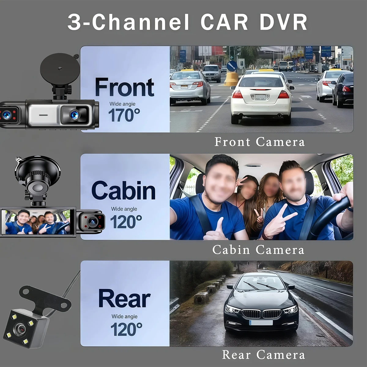 3 Channel 1080P Full HD Dash Cam with IR Night Vision G-Sensor 3 Inch HD Screen Loop Recording Car Driving Recorder