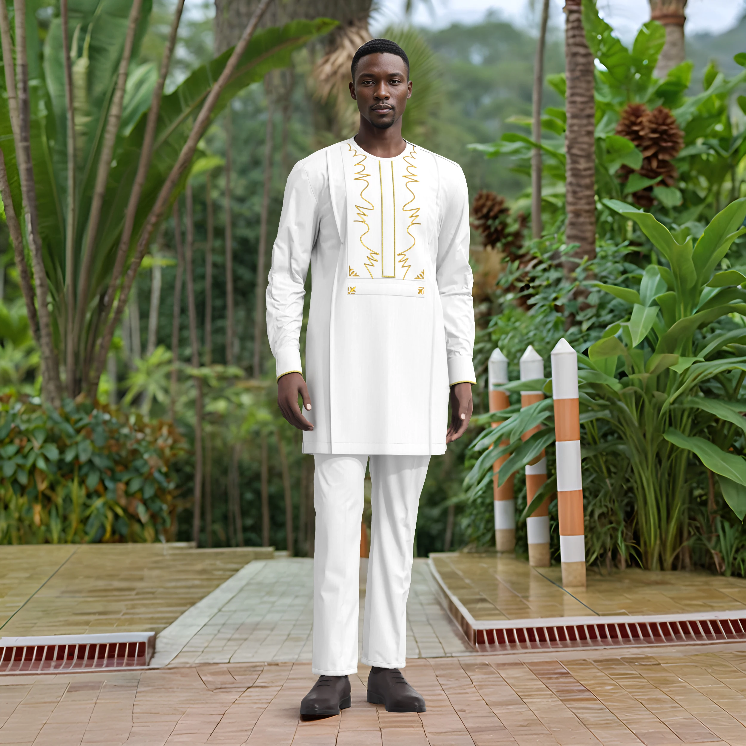 Muslim Men African Formal Clothing Geometric Embroidery 2 Pieces Suit Long Sleeve Shirt Pants for Business Daily Wear Plus Size