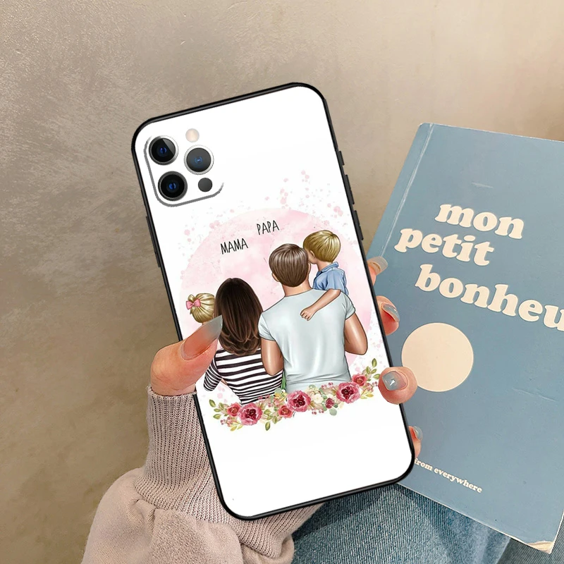 Schwarzbraune Haare Baby Mama Mädchen Sohn Hülle für iPhone 17 Air 15 14 13 12 11 16 Pro Max 13 Mini XR 15 16 Plus 16e Back Cover Shell