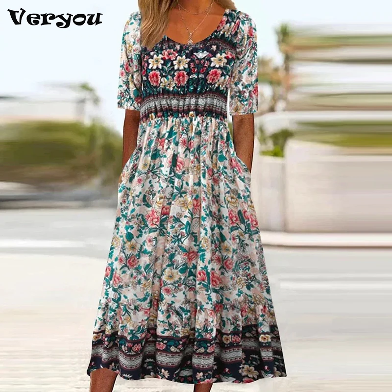 2024 Vintage Boho Stripe Print Women Sundress Summer Fashion V-Neck Short Sleeve Dress Elegant Ladies Midi Dress Femme Vestidos