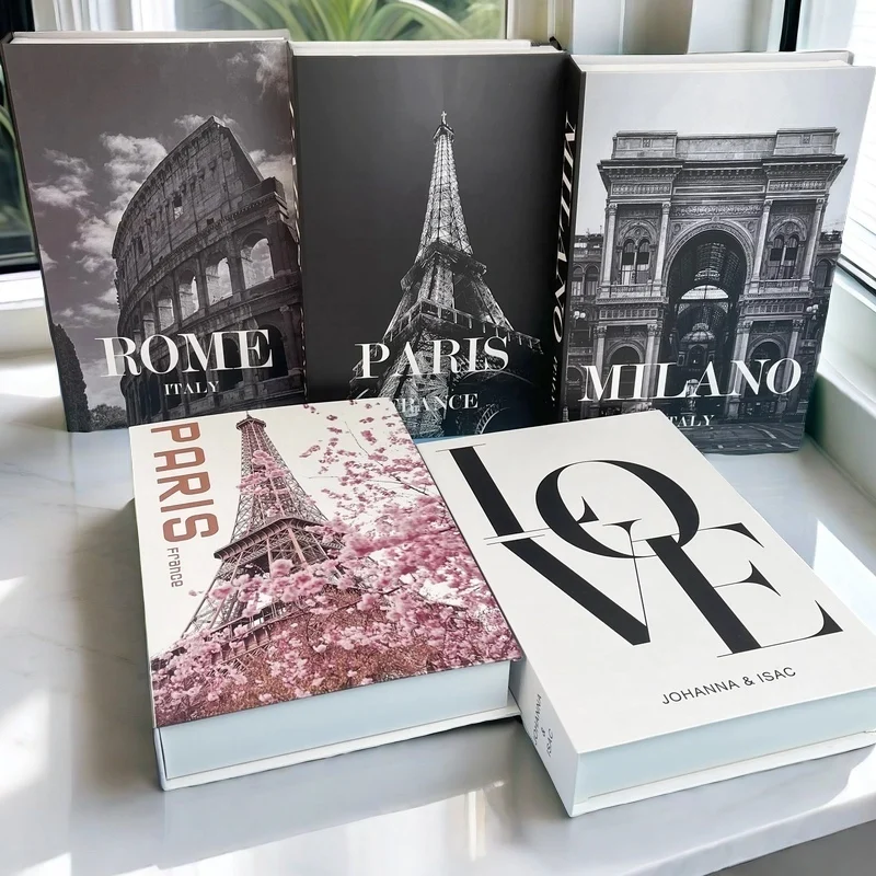 

Open Paris Luxury Fake Book Storage Box Decorative Books Home Decor Rome Milan Coffee Table Ornament Bedroom Interior Decoration