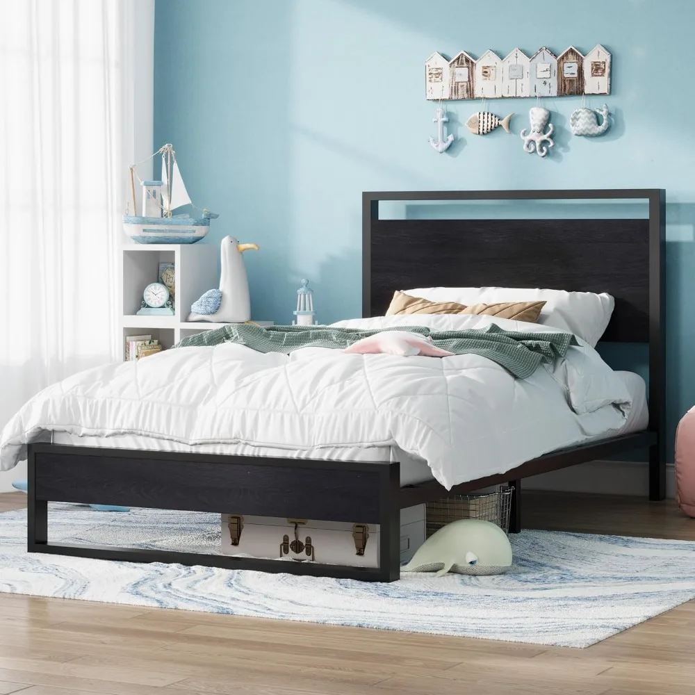 Allewie Sturdy Metal and Wooden Bed Frame with Headboard and Footboard,8.6 Underneath Space, No Box Spring Needed, Modern Design