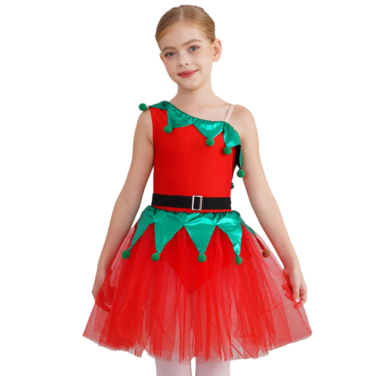 Kids Girls Christmas Clothes Sleeveless One Shoulder Tutu Dress Figure Ice Skating Dress New Year Party Dance Leotard Dress