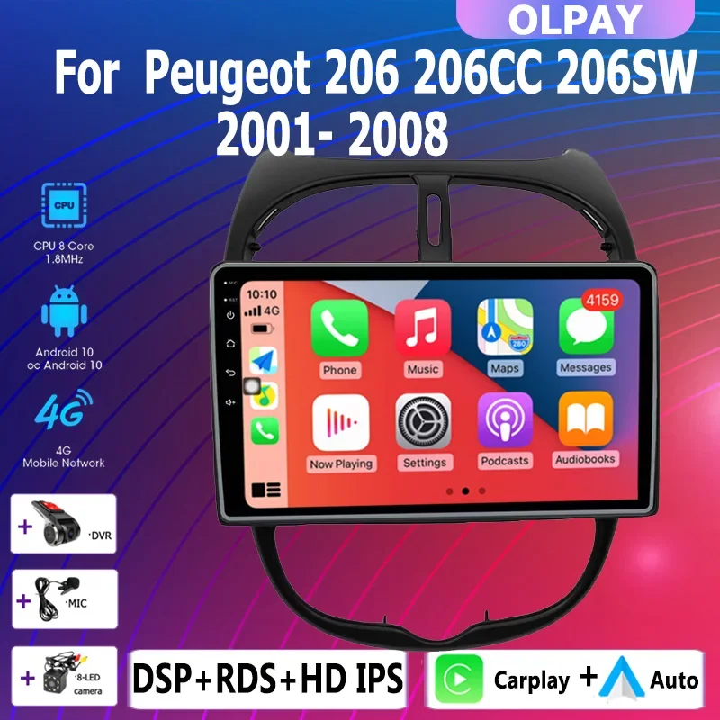 

2 din android 10 4G+64G 8-core Car radio stereo multimedia player Carplay Auto GPS navigation No DVD For Peugeot 206 2001- 2008