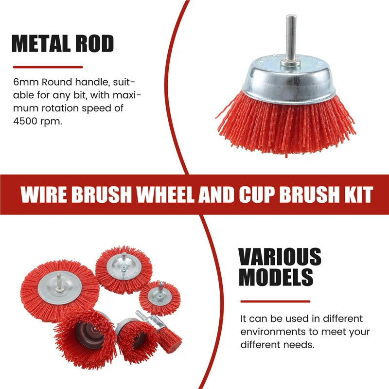 

6Pcs Nylon Filament Abrasive Wire Brush Wheel & Cup Brush Set With 1/4 Inch Shank, 6 Sizes Nylon Drill Brush Set Perfect-B61B