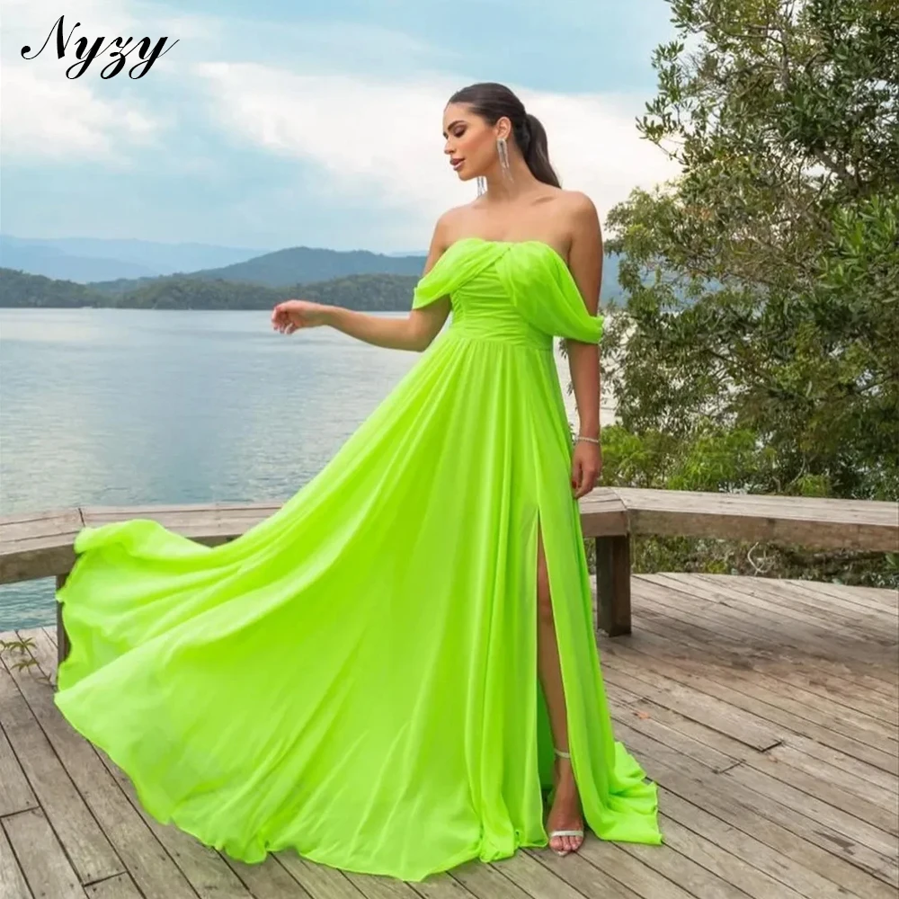 

NYZY E737 Couture Chiffon Off the Shoulder Evening Dresses High Slit Wedding Party Bridesmaid Prom Dresses Yellow Green