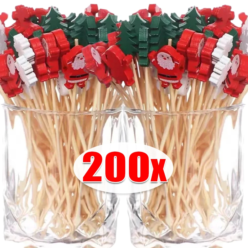 200/50PCS Disposable Christmas Skewer Buffet Fruit Food Bamboo Skewer Cocktail Picks Cupcake Topper Xmas Party Decor Supplies