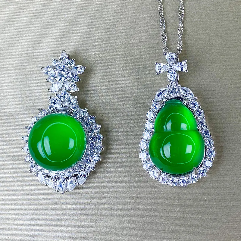 Natural Chalcedony Gourd Pendant for Women S925 Silver Inlay Green Jade Necklace