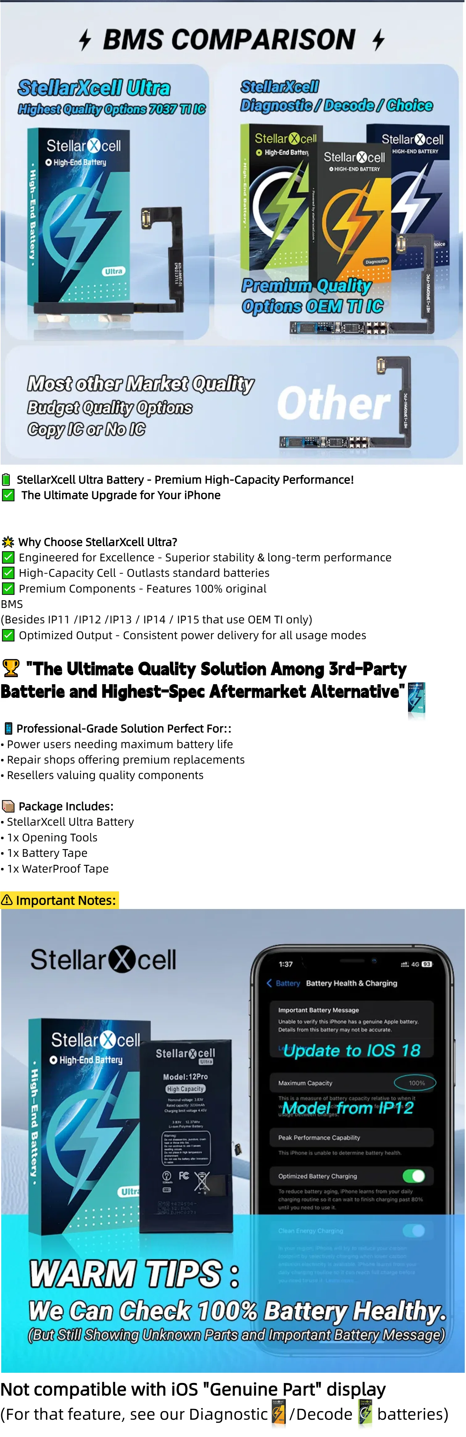 StellarXcell Ultra-Akku für iPhone 11, 12 Pro, 13 Mini, 14 Plus, 15 Pro Max mit Gratis-Werkzeugen, 0 Zyklen, 100 % Gesundheit – Detail 5
