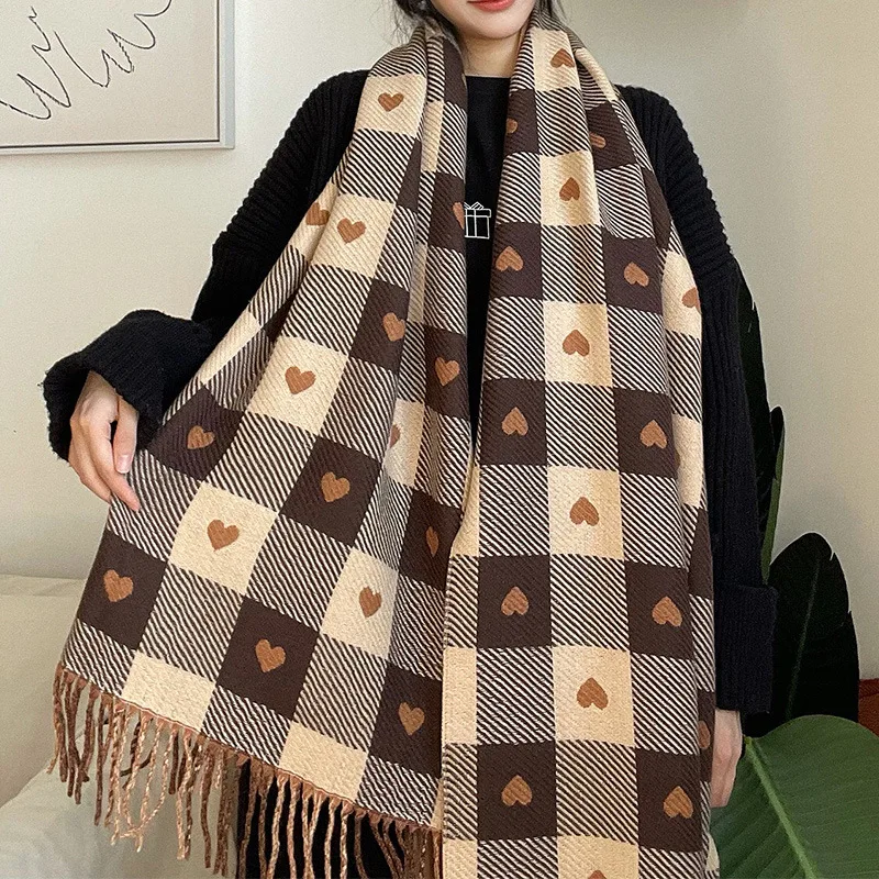 Fall Winter Imitation Cashmere Women's Double-sided Love Plaid Scarf Korean Tassel Warm Large Shawl Versatile Thick Wrap 2025 ﻿