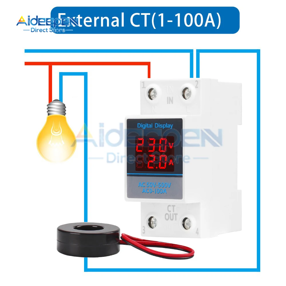 Din Rail Single Phase Ammeter Voltage Meter Measuring AC 50-500V 63A 100A Voltmeter Gauge Current Indicator Volt Amp Monitor