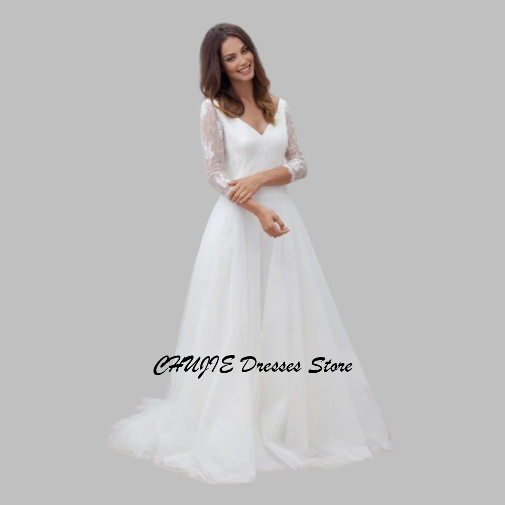 

White Long Sleeve Wedding Dresses Exquisite Appliques V Neck A Line Bridal Gowns Customized Vestido de novia Свадебное платье