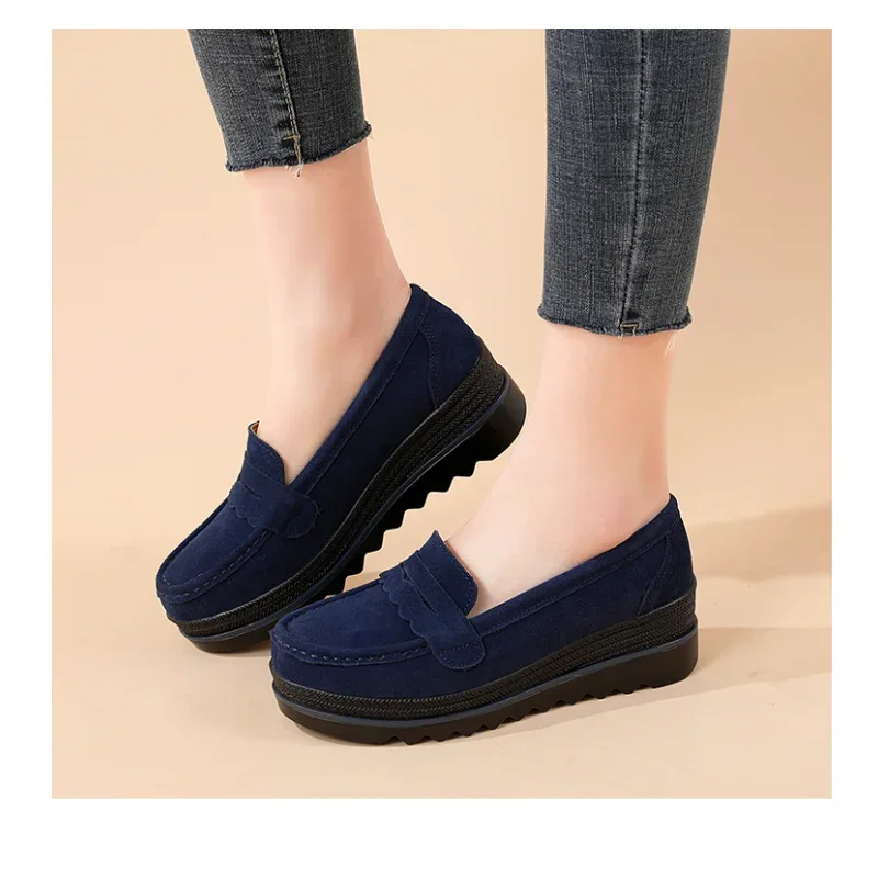 Spring Women Flat Platform Loafers Ladies Elegant Suede Leather Moccasins Shoes Woman Slip On Moccasin Women\'s Blue Casual Shoes